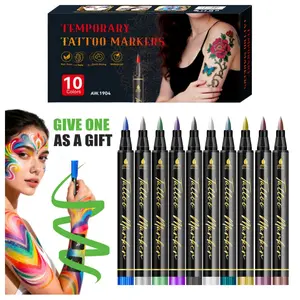 10-Color Washable Tattoo Marker Pens for Kids and Adults, Body&Face Art Drawing Kit with Tattoo Stencils,Skin-Safe Non-Toxic Temporary Tattoos for Kids Adults, Flexible Brush Tip,Bright colors,Cosmetic Quality for DIY Designs, Party Makeup, Christmas gift