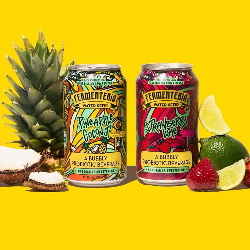 Fermenteria Organic Sugar-Free Caffeine-Free Clean Fruit-Flavored Sparkling Probiotic Water Kefir Drink - US-Sold Cans, Coconut, Pineapple, Strawberry Varieties