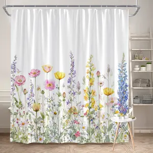 1Pc Spring Floral Shower Curtain Colorful Wildflowers Polyester Fabric Bathroom Decor Bathtub Divider Curtain with 12 Hooks 70.8x70.8 Inch Perfect for Bringing Nature Indoors