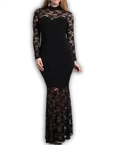 832 - Plus Size Mermaid Lace Maxi Long Sleeves Maxi Cocktail Wedding Prom Evening Dress Gown Black