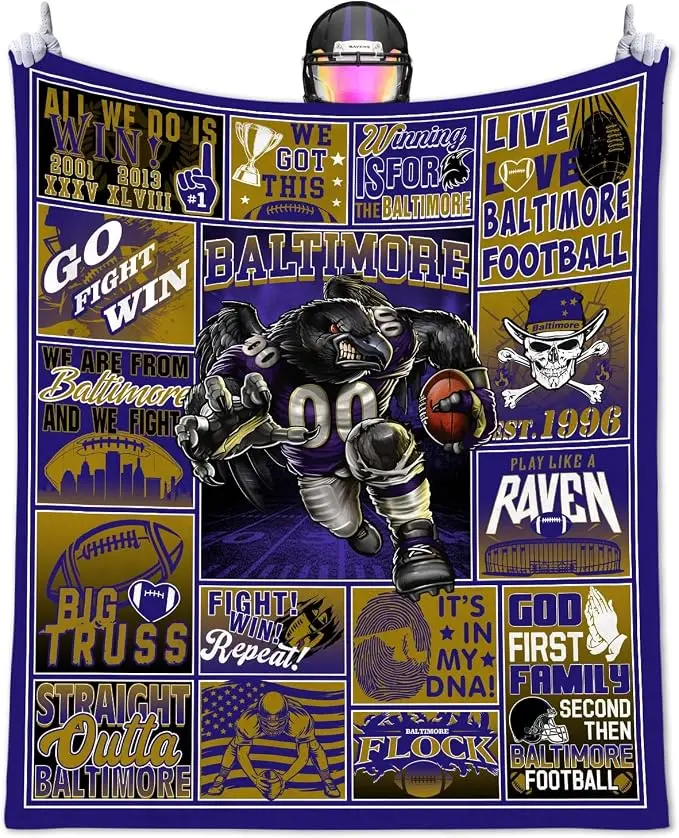 Baltimore Flannel Blanket, Purple Football Fan Throw Blanket, Raven Inspired Sports Blanket, Soft Cozy Throw for Sofa Couch Bed, Game Day Home Decor, Maryland Football Lover Gift for Men Women, Warm Flannel Blanket, Vintage Football Fan Gift