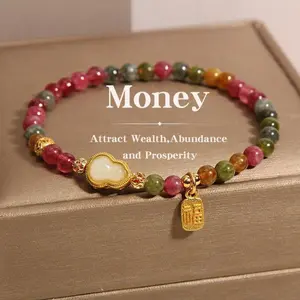 Bohemian Rainbow Tourmaline Beaded Bracelet | Gourd Pendant Design & Colorful Beads | Unique Statement Jewelry for Women | Ideal for Boho-Chic, Everyday & Festival Wear