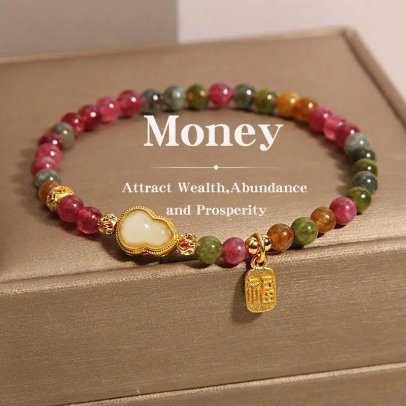 Bohemian Rainbow Tourmaline Beaded Bracelet | Gourd Pendant Design & Colorful Beads | Unique Statement Jewelry for Women | Ideal for Boho-Chic, Everyday & Festival Wear