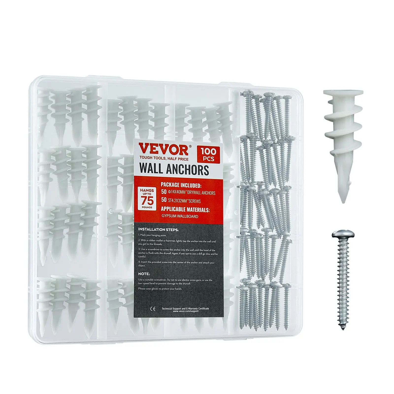 【summerfinds】VEVOR Drywall Anchors Self Drilling Anchors 100PCS in 50 Sets Screw & Anchors