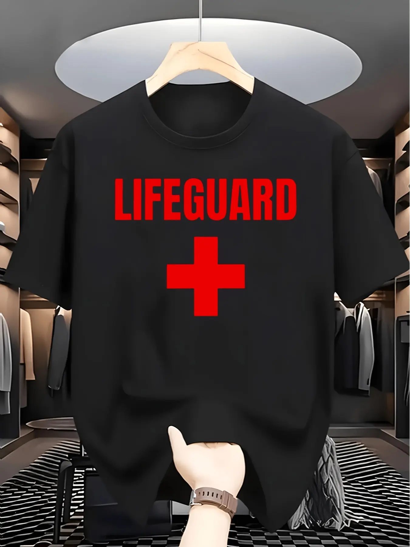 Men's Round Neck Short-Sleeve Polyester Knit Fabric T-Shirt - Summer New Digital Lifeguard Pattern, Quick-Dry, Light Beige, Sporty Casual, Regular Fit, Stretch, Affordable High-Quality Menswear