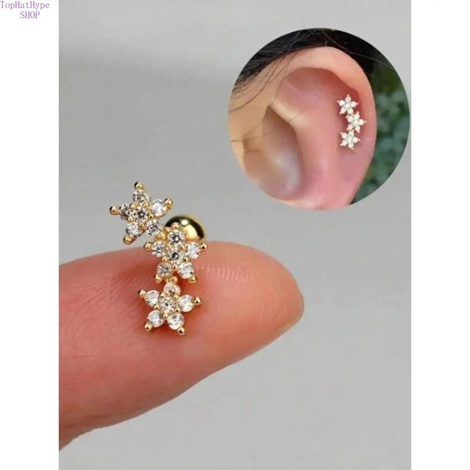 Women’s 16G Cartilage Stud Earrings, 3‑Flower Cubic Zirconia Design, Hypoallergenic Stainless Steel, Dainty Sparkly Piercing Jewelry for Daith Conch Tragus Helix, Daily Wear & Party Occasions