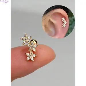 Women’s 16G Cartilage Stud Earrings, 3‑Flower Cubic Zirconia Design, Hypoallergenic Stainless Steel, Dainty Sparkly Piercing Jewelry for Daith Conch Tragus Helix, Daily Wear & Party Occasions