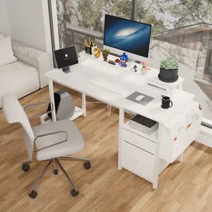 47.3" Office Desk with Power Outlet,2 Monitor Stands,2 Drawers,Side Pocket,Easy to Assemble,Frame stability Reversible,use for Home Desk, Computer Desk, Game Table,White