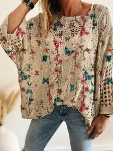 Women's Colorblock Butterfly Print Long Sleeve Batwing Knit Top Loose, Casual Elegant Commuter Wear, Spring Summer Fashion, Holiday Style