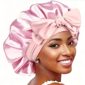 2pcs Set "Spacious Space" Luxury Solid Color Adjustable Satin Bonnet with Scrunchie, Large Soft Sleeping Bonnet, Satin Hair Bonnet Night Cap, Hair Care Hat with Tie Band
