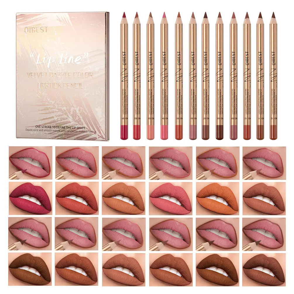 Lip Liner Set 12 Pieces, Velvet Glossy Lipstick Pens, Matte Gold Tube, Suitable for Full Lips, 3D Lip Sculpting
