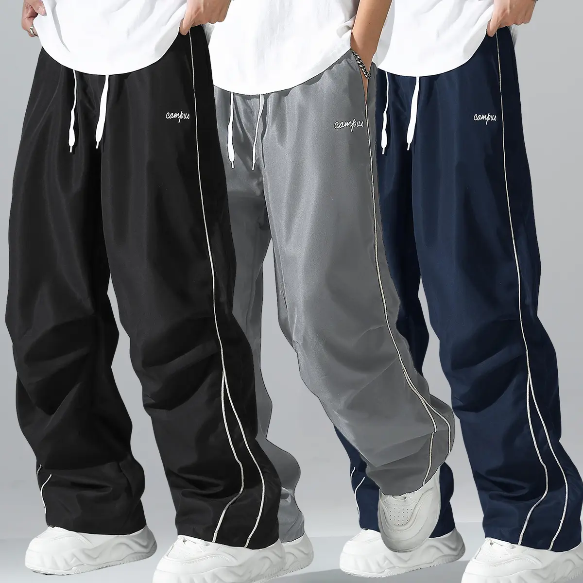 Men's Straight-Leg Striped Menswear Pants, Plain Athletic Casual Street Style, Drawstring Waist Adapts to Your Fit, Loose Nylon Fabric, Machine Washable All-Season Casual Wear