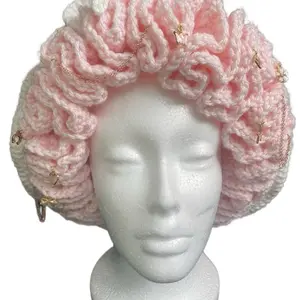 Pink Ruffle Satin Lined Crochet Bonnet with Gold Accents Fashion Accessory