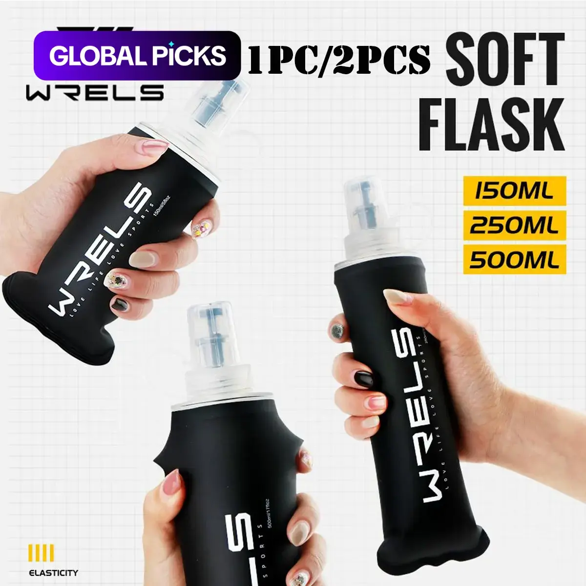 150mL/500mL Black Sports Water Bottle, Portable Foldable, Collapsible Water Bottles For Traveling, Bite-Valve Tumbler, Flip Lid, Ideal for Outdoor Cycling, Trail Running & Mountaineering, Workout Water Bottle, Bicycle Water Bottle