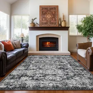 Dark Grey Washable Vintage Faux Wool Throw Bedroom Rug, 0.3 In Low Pile & Non-Slip Indoor Floor Carpet For Home Office, Kids Room, Bedside, 4x6, 5x7, 6x9, 8x10, 9x12 Feet