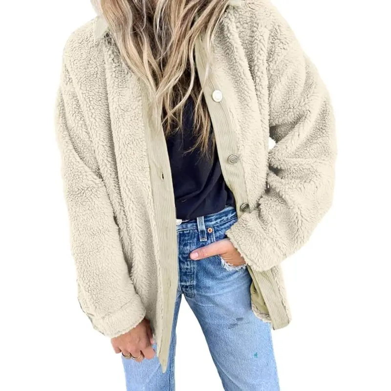 Womens Winter Coats Fleece Turn-down Collar Button Down Long Sleeve Sherpa Jackets with Pockets daily wear