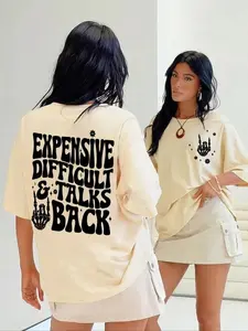 [tiktok shop deals]Shirts Women Women's " Expensive Difficult and Talks Back" Slogan Print Skeleton Hand Graphic Round Neck Tee, Back To School Outfits, Casual Half Sleeve Crew Neck T-shirt for Daily Wear, Ladies Clothes for All Seasons, Fall Clothes t sh