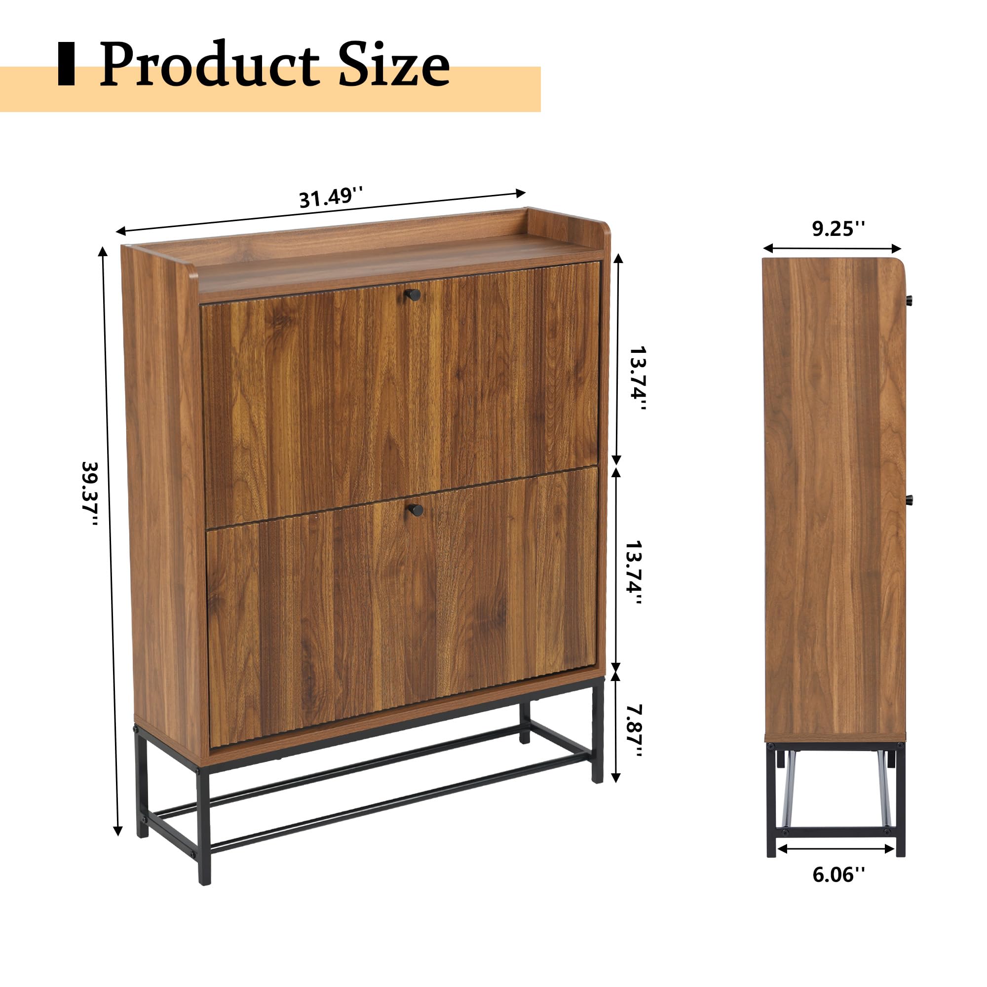 Giratree Fluted Shoe Cabinet with 2 Flip Drawers, Modern Slim Shoe Storage Organizer, Narrow Entryway Shoe Rack, Tipping Shoe Cabinet with Metal Legs for Heels, Boots, Slippers in Entrance