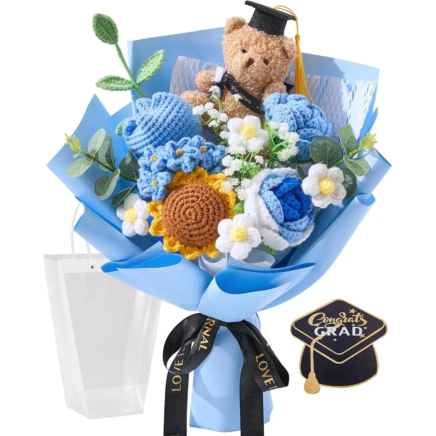 Alecono Handmade Crochet Blue Flower Bouquet - College Graduation Gift for Class of 2026, Festive & Party Gift for Friends, Teachers with Greeting Card