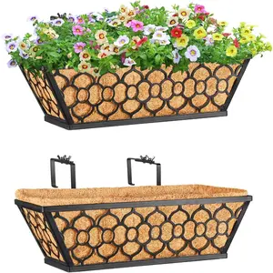 2 Pack 16 Inch Window Boxes Planters with Coco Liner, Metal Deck Railing Planter Boxes, Balcony Planters Railing Hanging, Horse Trough Window Flower Planter Boxes for Outdoor Porch Fence Patio