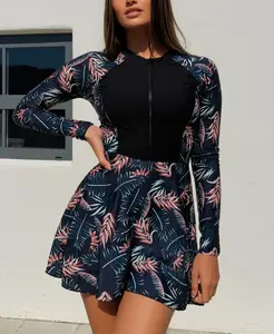 2026 Long Sleeve Swimsuit for Women, Tropical Print Slimming Exercise Dress, V-Neck One-Piece Swimwear, Cover Shoulder Bathing Suit