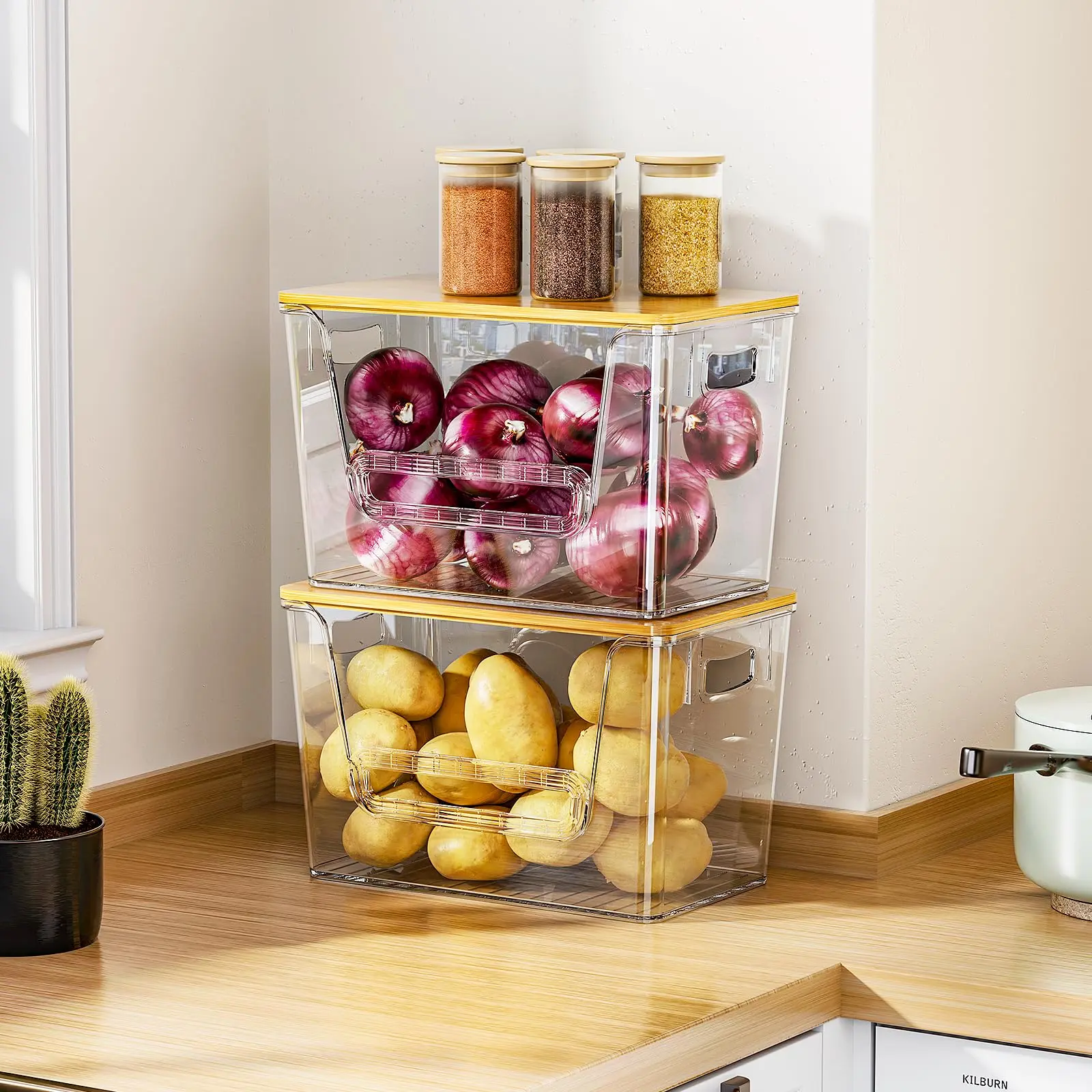 2 Set Pantry Organizers and Storage, Trash Bag Holder Under Sink Organizer for 4-13 Gal Bags, Trash Bag Dispenser with Bamboo Top for Onion, Potato, Garlic, Clear