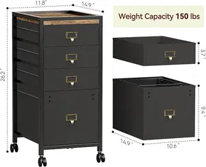 4 Drawer Rolling File Cabinet 1 Set MDF+Iron+Fabric Under Desk Vertical Cabinet Retro Color and Black Fabric Drawers with 4 Wheels Metal Frame Fits A4/Letter Size Storage Organizer for Home Office Apartments