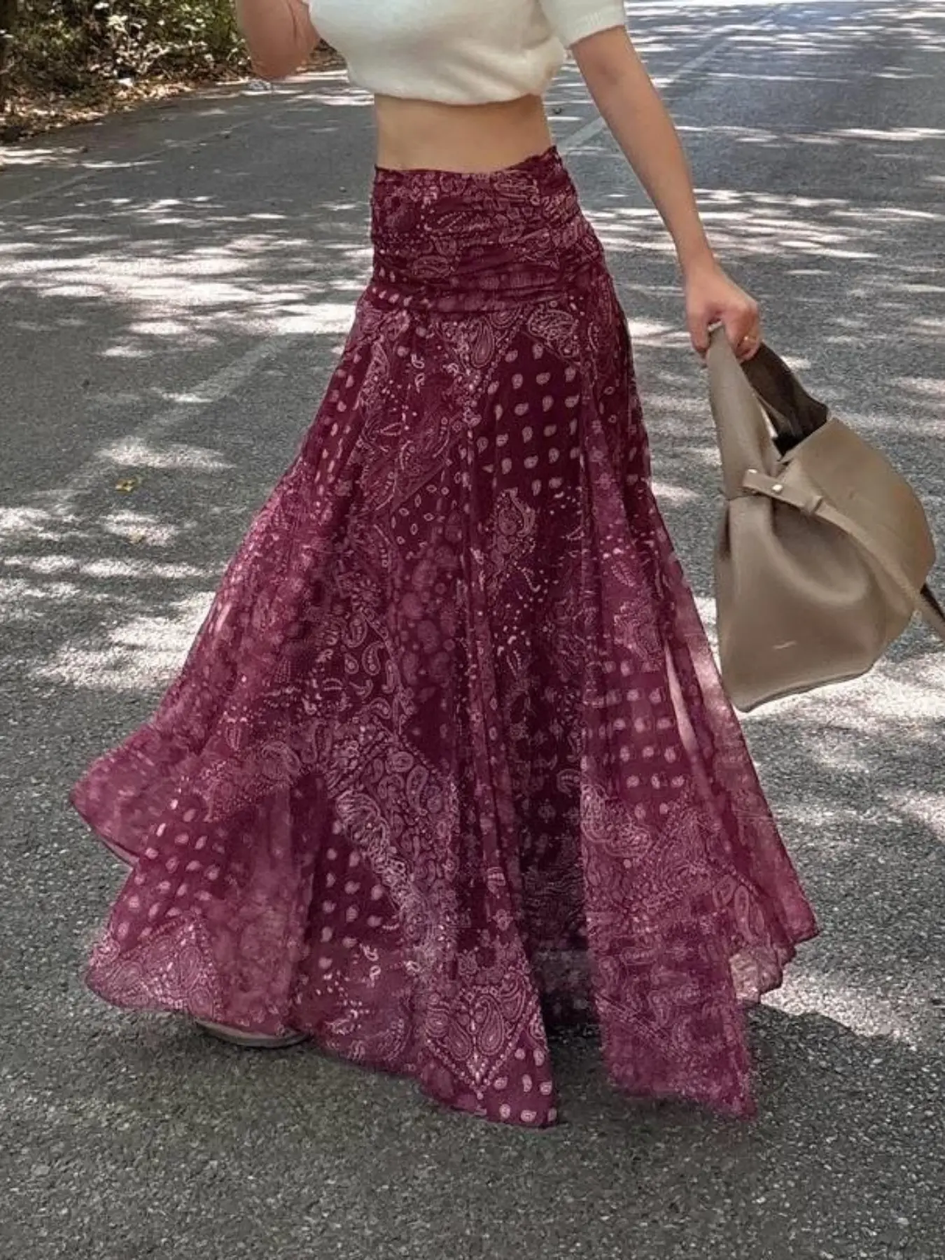 Women's Burgundy Paisley Print Maxi Skirt, High Waist Skirt, Boho Flowy A-Line Skirt, Lightweight Layered Sheer Design Skirt for Summer Vacation, Beach & Resort Wear, Casual Chic Vintage Ethnic Bohemian Pattern Skirt
