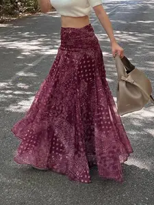 Burgundy Paisley Print Maxi Skirt High Waist Boho Flowy A Line Long Skirt Womenswear Lightweight Sheer Layered Summer Vacation Beach Resort Casual Chic Vintage Ethnic Bohemian Style Swing Women Skirt