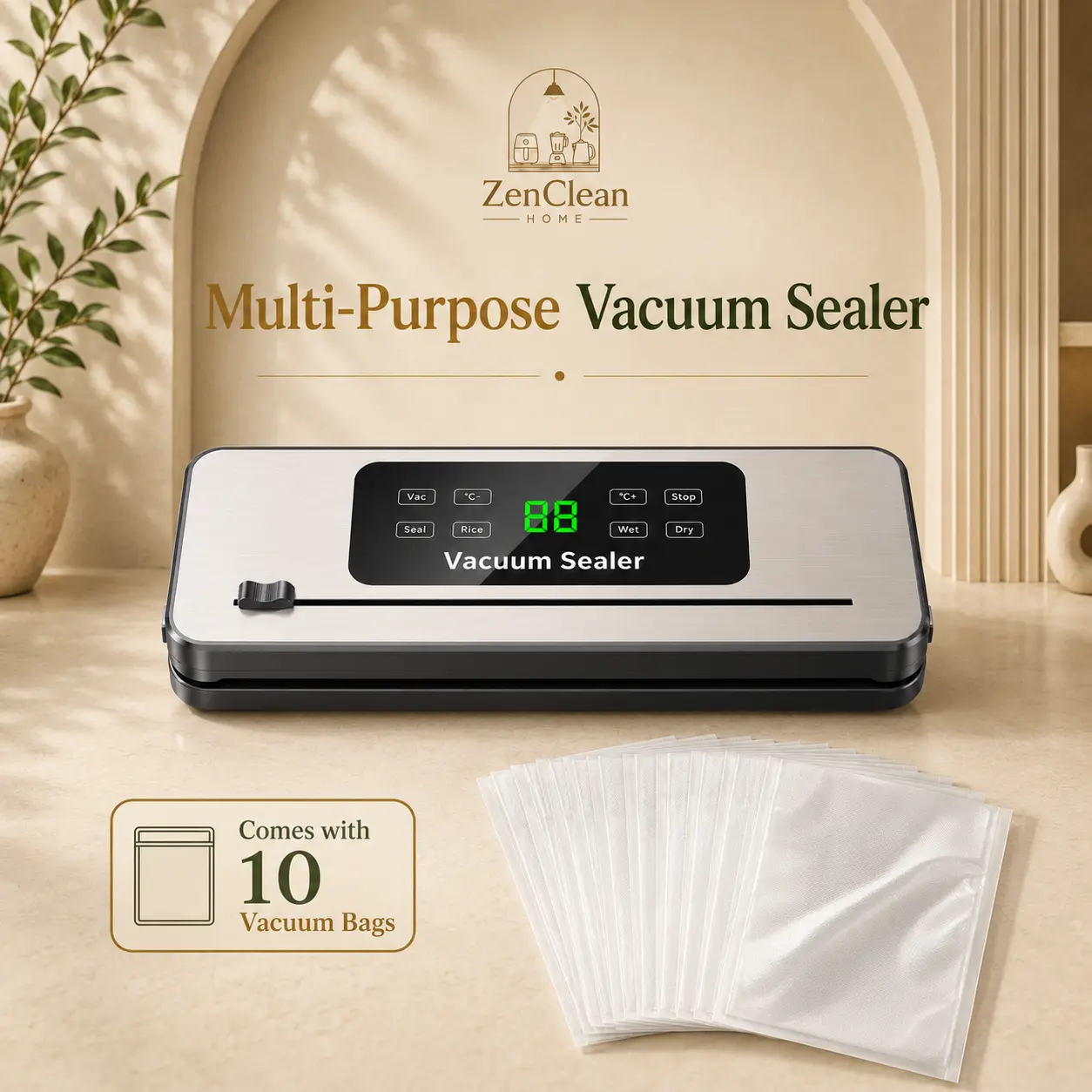 70KPa Compact Vacuum Sealer Machine (Small Size, US Plug, 110V) with 10 Vacuum Bags, Dry/Moist Seal Modes, External Pumping, Adjustable Heat Control, Built-In Bag Cutter, Portable Design, Automatic Freshness Locking for Snacks