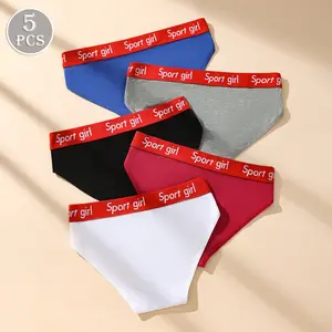 HOTCOM 5-Pack Women's Woven Cotton Panty | Soft Waisted Full Coverage Briefs Lingerie, Sport Girl Color-Blocked Waistband, Stretchy Breathable, Curve-Enhancing, Bikini Style, Perfect Under Jeans, Womenswear for Gym & Daily