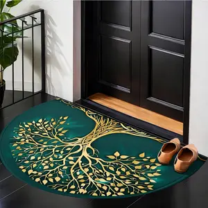 Gold Life Tree Half Round Rug, Thick Flannel Non-Slip Absorbent Mat, Entryway Dust Removal, Bathroom Slip Resistant, Hallway Decor, Bedroom Bedside Multi-Purpose Carpet