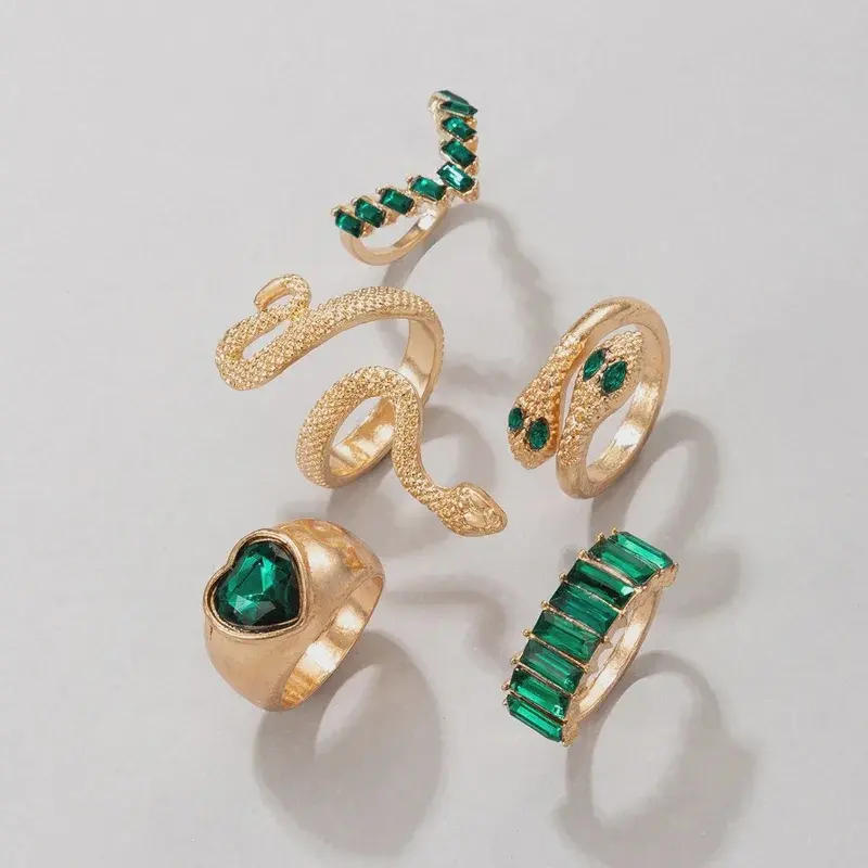 Green Rhinestone Snake Ring Set - Fashion Accessories