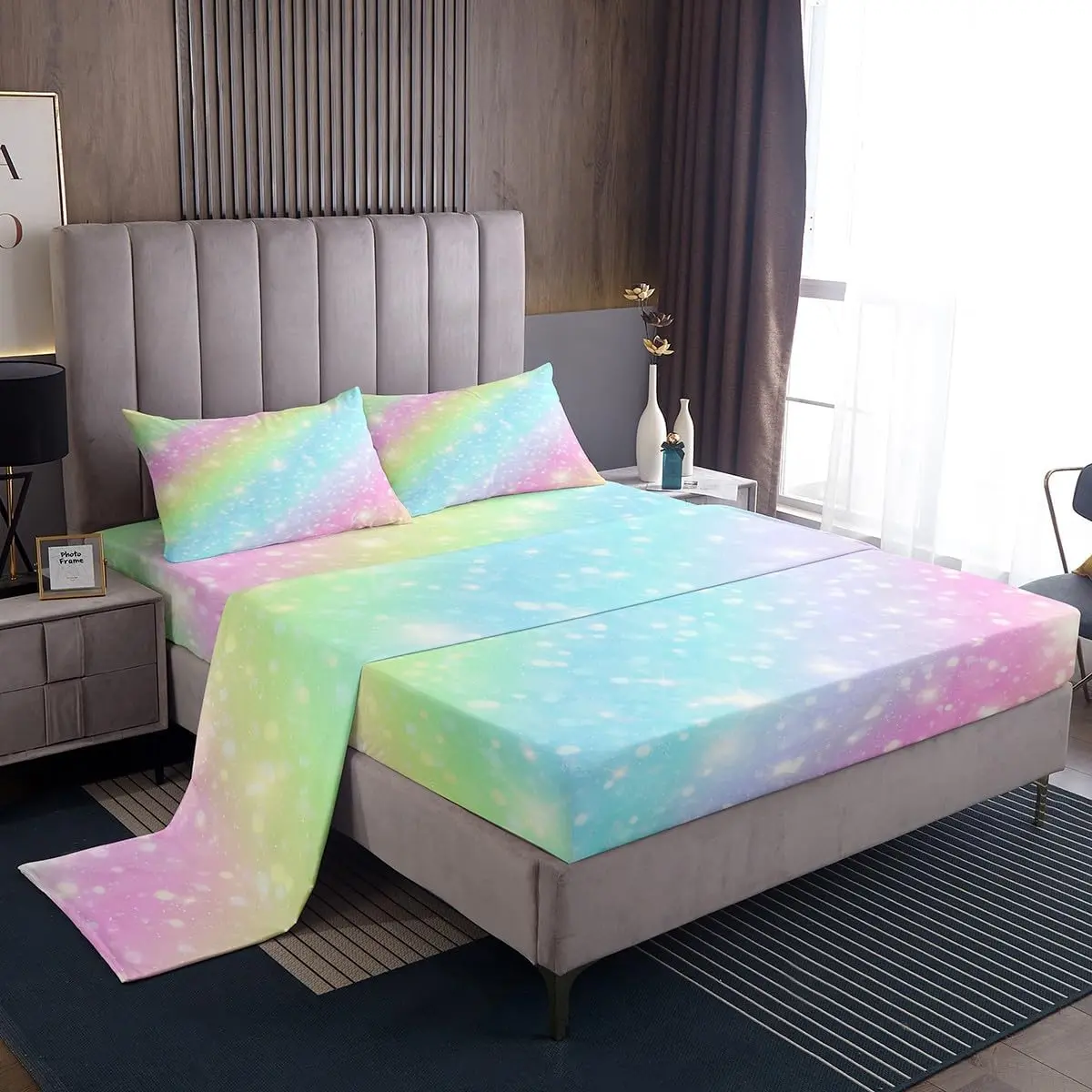 Rainbow Bedding Sets Tie Dye Pastel Bed Sheet Set Golden Glittery Sweet Sheet Set Abstract Watercolor Art Fitted Sheet + Flat Sheet + 1 Pillow Case