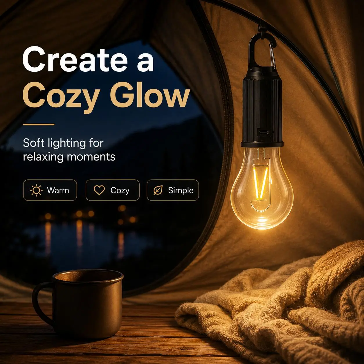 4 Pack Solar Powered Rechargeable LED Hanging Bulb Lamp, Retro Warm Filament Light with Hook, Waterproof Outdoor Tent Light for Camping, Blackout Emergency, Closet & Patio Lighting