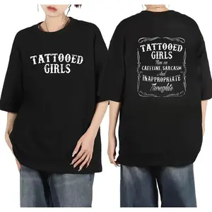 Tattooed Girls Sarcastic T-Shirt , Cotton "Caffeine, Sarcasm" Graphic Tee, Retro Distressed Print, Women's Casual Shirt