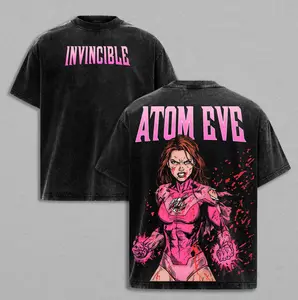 Retro Washed Atom Eve Invincible Power T-Shirt, Double-Sided Print Unisex Streetwear Tee, Loose Fit Casual Short Sleeve for Men & Women