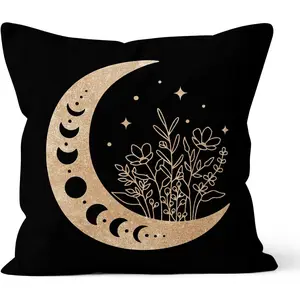 Abstract Boho  Moon Stars  Decorative Pillowcase Throw Pillow Cover, Modern Art Crescent Moon Sky for Sofa Bed Room  Bohemia Decor 18 x 18 Inch Pillow Case