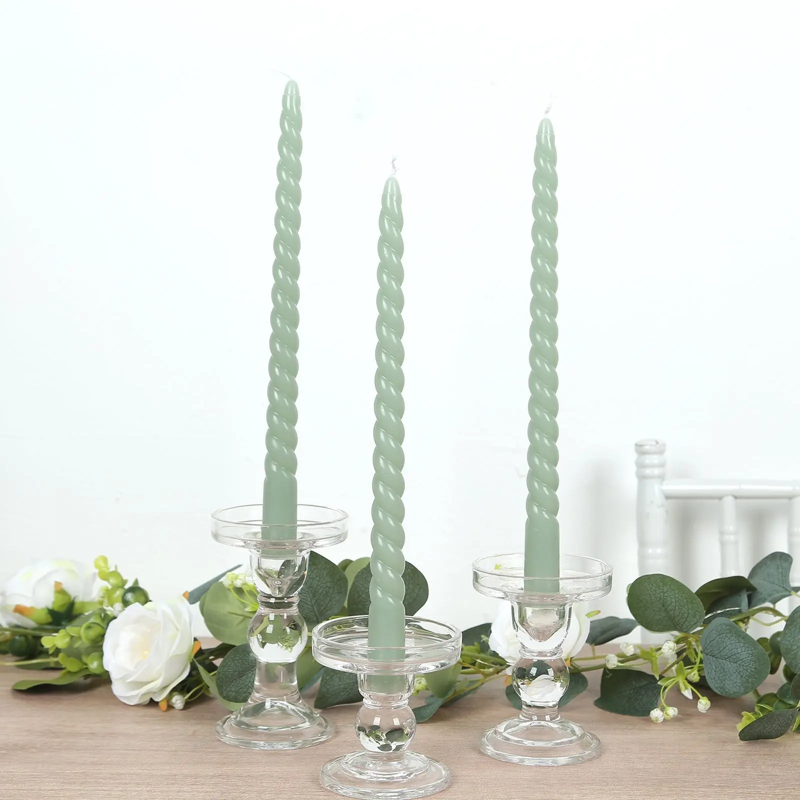 12-Pack Premium Spiral Long-Burn Sage Green Taper Candles, 11" Tall Unscented Wax Dinner Sticks Bulk Pack for Wedding Centerpieces, Birthday Candle Decoration