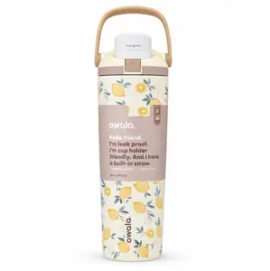 Owala 30oz FreeSip Sway Tumbler, Lemon Printed with Travel Grip, Vacuum Insulated Kitchen Drinkware Water Bottle, Home Decor Gift