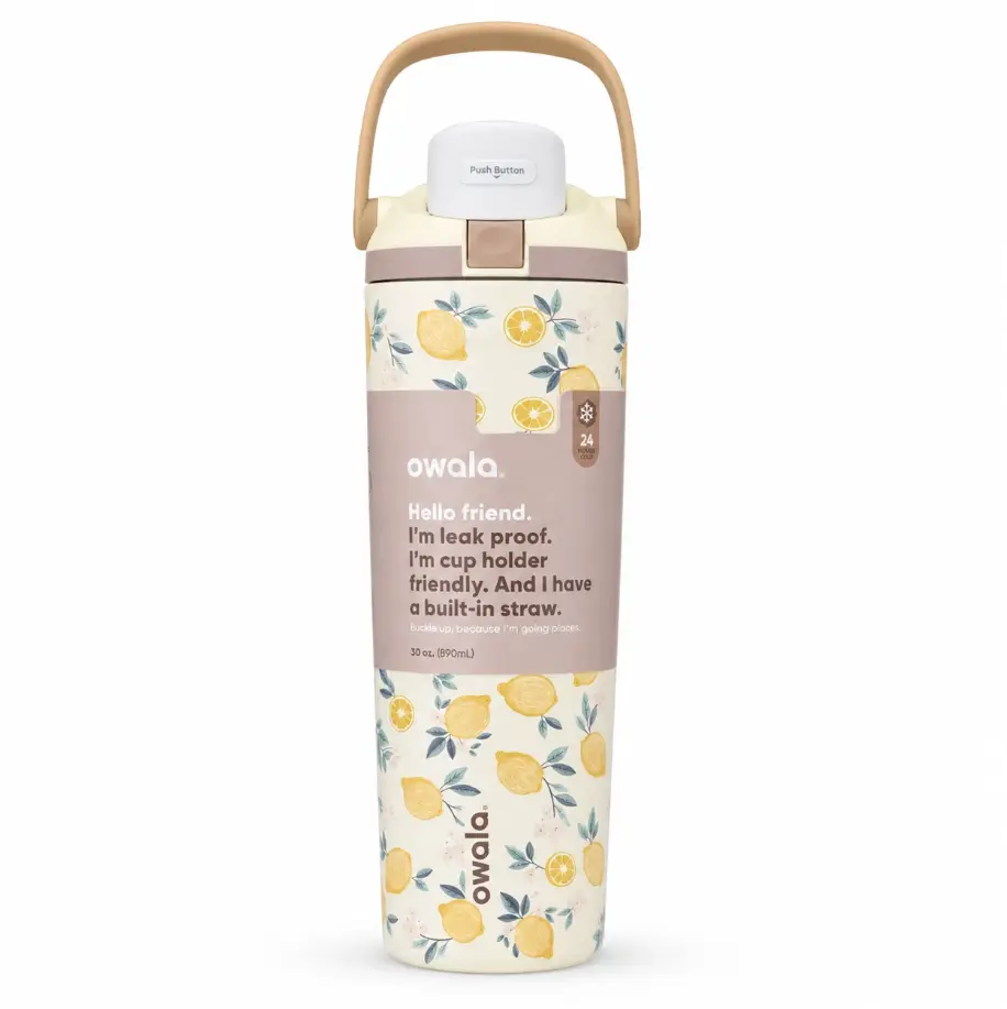Owala 30oz FreeSip Sway Tumbler, Lemon Printed with Travel Grip, Vacuum Insulated Kitchen Drinkware Water Bottle, Home Decor Gift