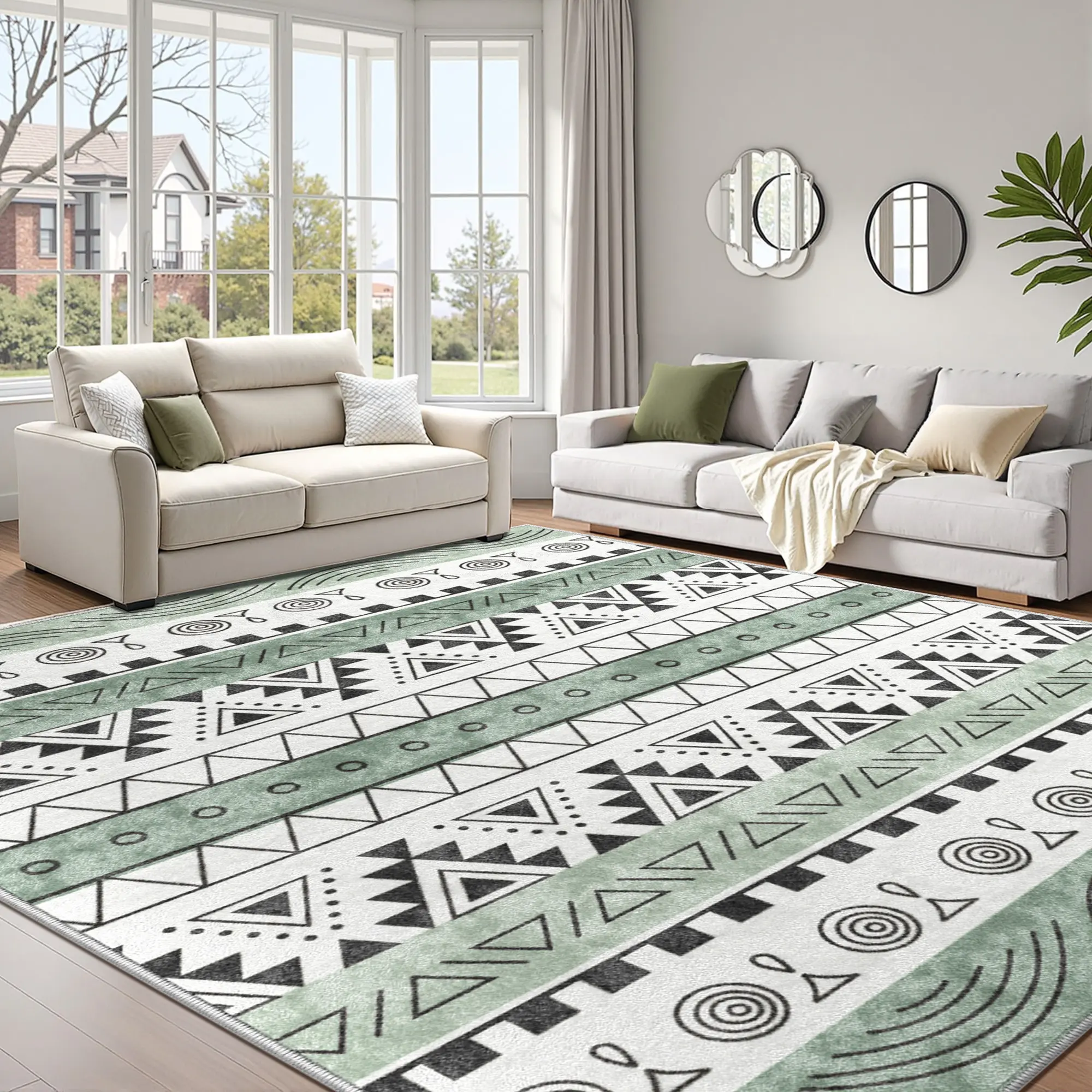 RaybeeFurniture Soft, Machine Washable Bohemian Moroccan Farmhouse Style Rug, Extra Soft Low-Pile Geometric Pattern, Non-Slip, Stain-Resistant, Large Size, Suitable for Dining Rooms, Living Rooms, Bedrooms, and Offices