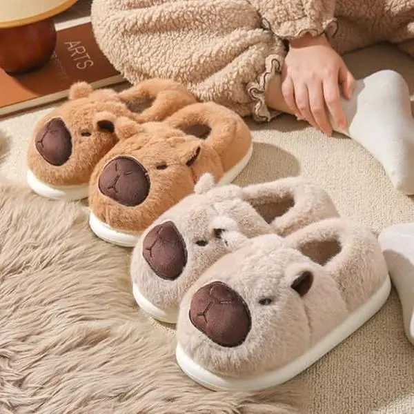 Cute Capybara Slippers for Women, Fluffy Animal Print House Slides with Thick Soles, Warm Round Toe Indoor Outdoor Footwear, Cartoon, Cute Slippers, Ultra-Soft Fuzzy Fabric, Casual Slide, Indoors, Design, Womens Gifts, Indoor Wear