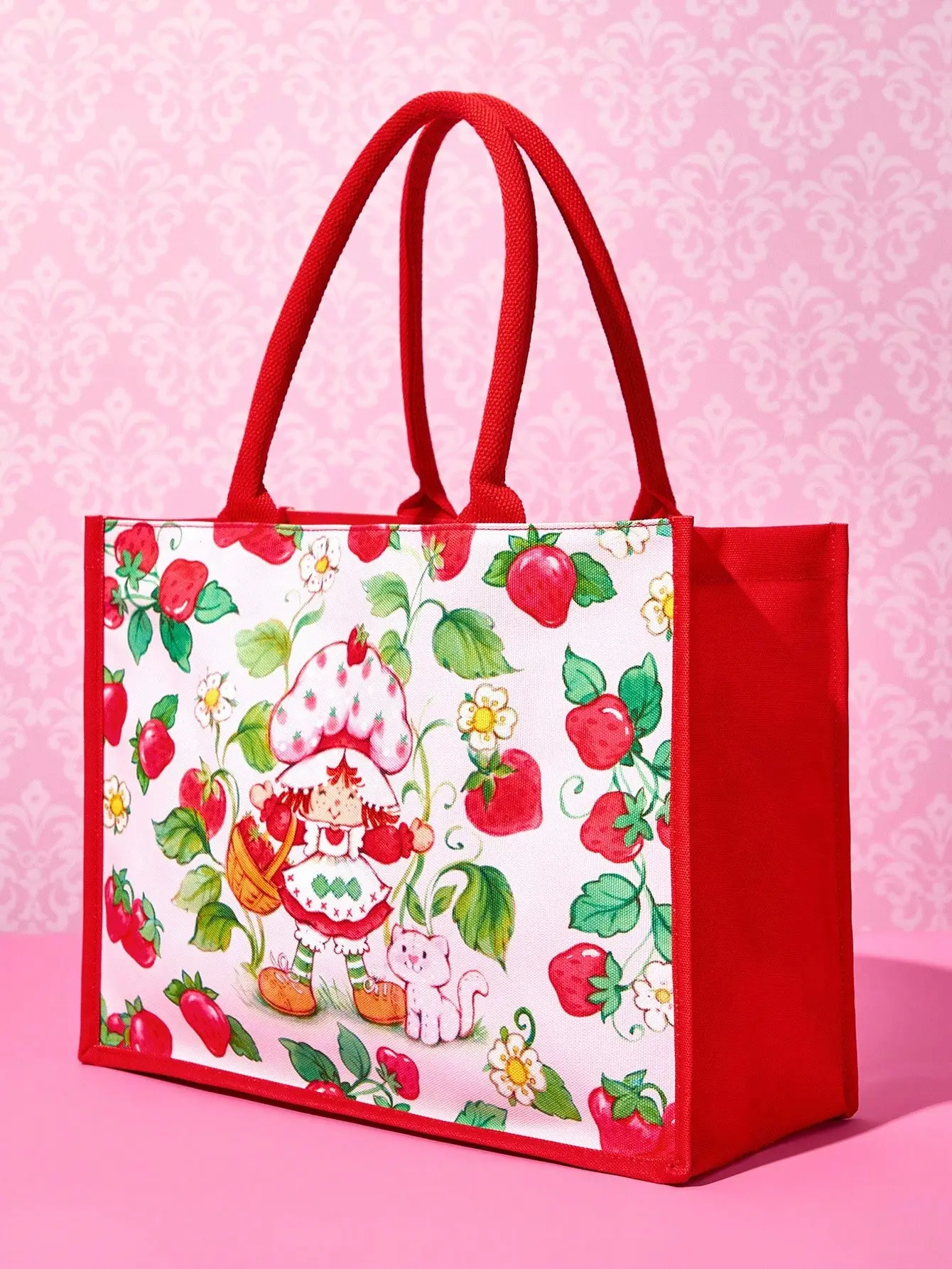 Strawberry Shortcake 1pc Polyester Cartoon Character Strawberry Printed Large Capacity Tote Bag, Fits Laptop, Suitable For Commuting, School, Outdoor, Women, Sweet, Pastoral Style, Strawberry Shortcake Items