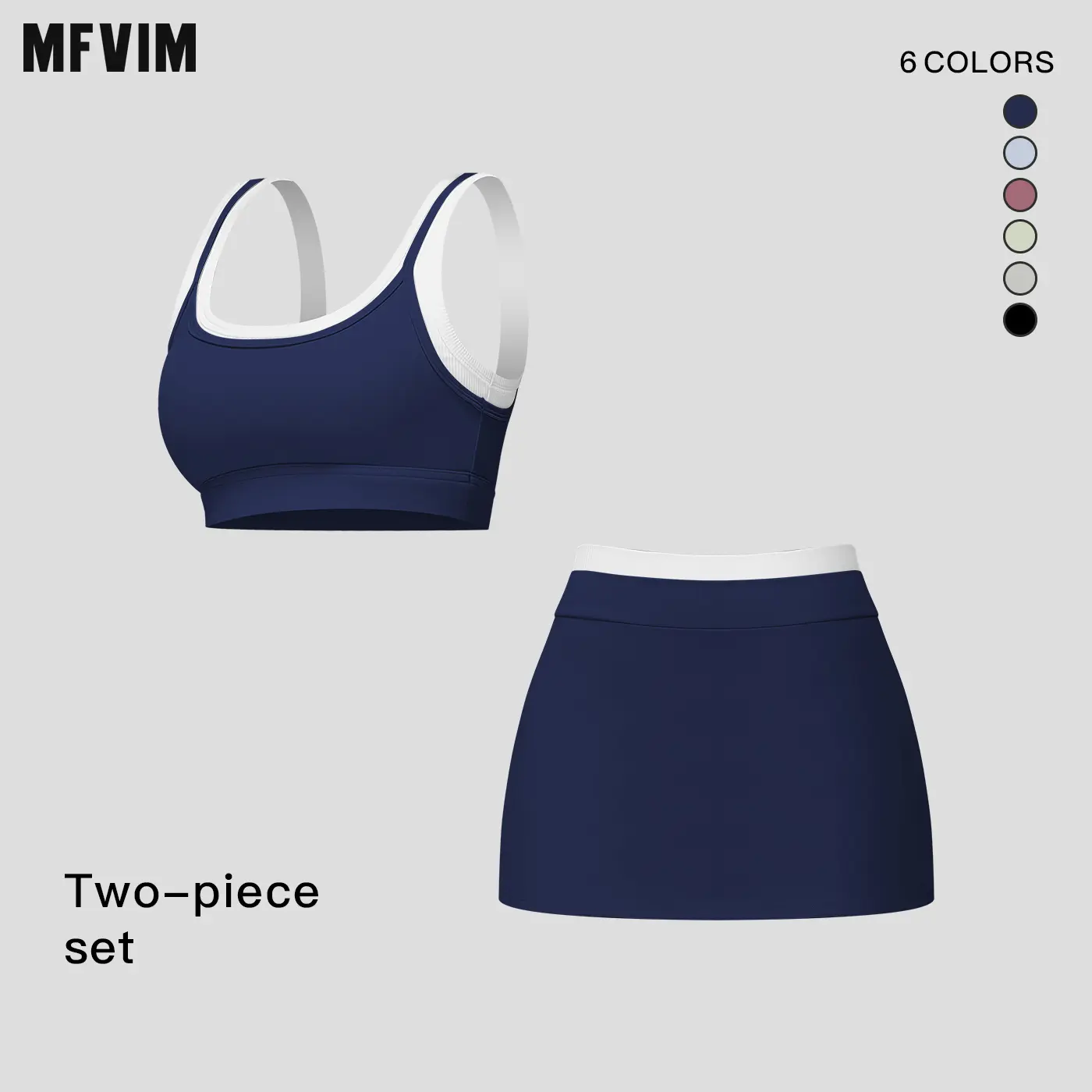 MFVIM women’s fitness set: color-block faux two-piece bra tank top and high-waisted athletic skirt, suitable for indoor and outdoor workouts.