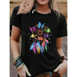 Butterfly Print Casual T-shirt, Polyester Blend Crew Neck Short Sleeve Tee for Women, Regular Fit, All Season, 180g/m² Knit Fabric
