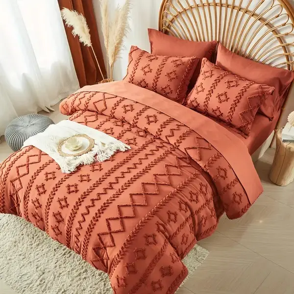 7pcs Tufted Boho Comforter Set , Soft Microfiber, Lightweight, Farmhouse Shabby Chic Bedding Set With 100% Polyester Fiber Fill - Queen/King Size Bed In A Bag For All Seasons