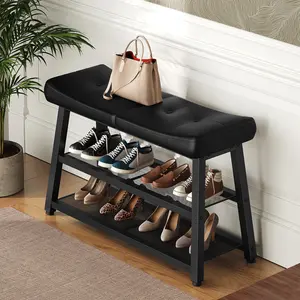 YATINEY 2-Tier PU Shoe Bench, Stylish Upholstered Shoe Bench, Entryway Bench with Storage and Cushion, Shoe Rack for Hallway, Foyer, Bedroom, Black #SpringSale #BigSpringSale