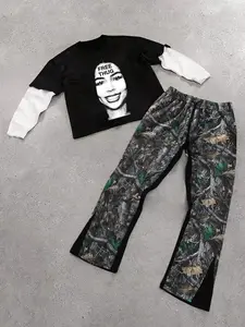 Men's Tree Branch Print Top & Pants Two-Piece Set, Menswear, Regular Fit Casual Fashion Round Neck Long Sleeve Tee & Trousers for Daily Outdoor Wear, Men's Clothing for Spring & Fall