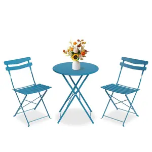 Gaomon 3 Piece Patio Bistro Set, Folding Patio Bistro Table and Chairs Set of 2, Outdoor Patio Furniture Set, Metal Structure, No Assembly Need, for Balcony Yard Garden, Peacock Blue